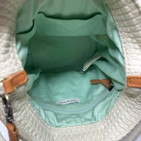 Lucky Brand Raffia Flower Crossbody Bag Natural Wood Handles Boho - Picture 13 of 16